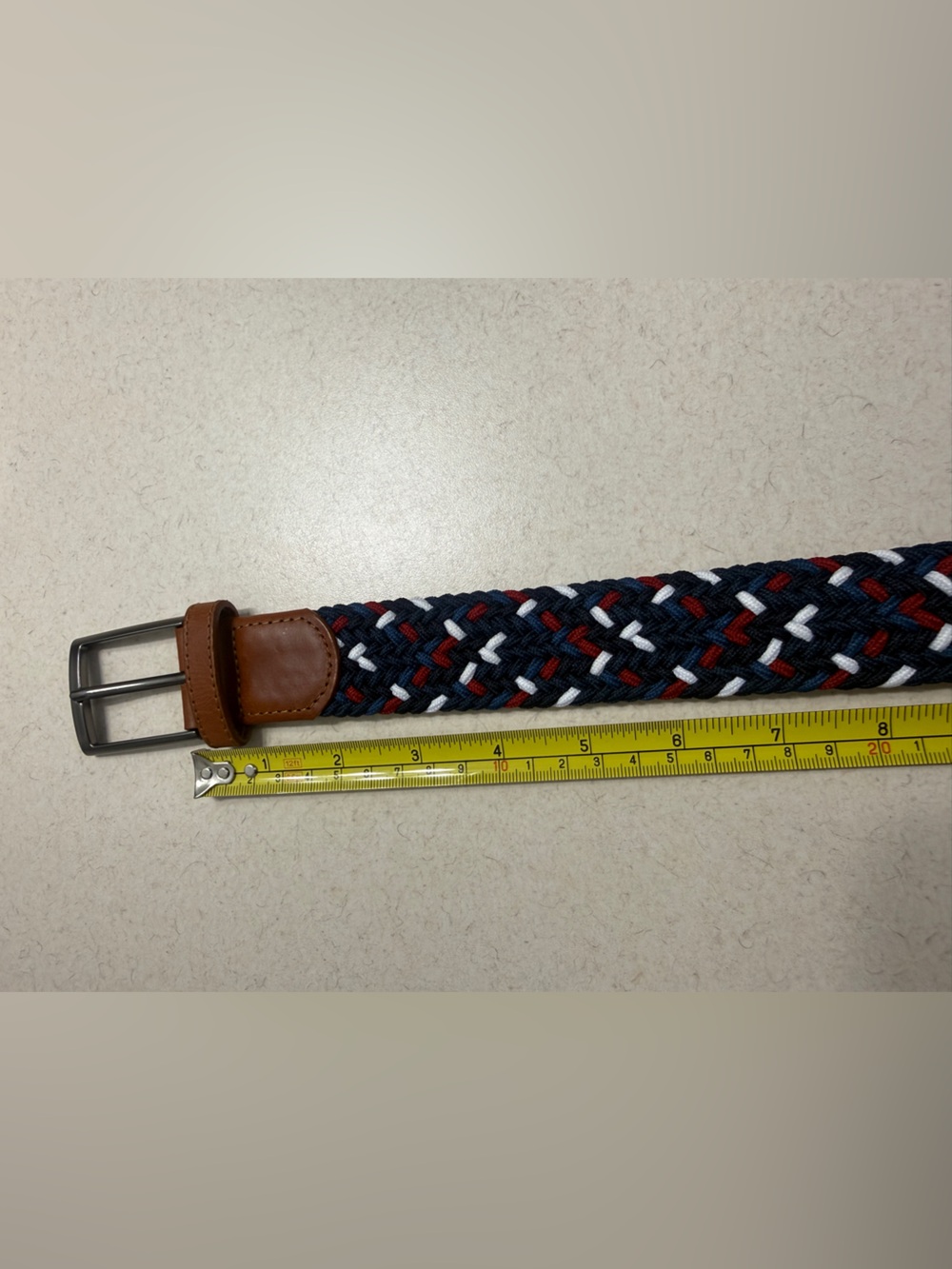 Braided Navy, Red & White Men's Elastic Belt with Brown Leather Trim